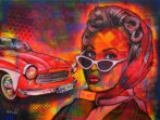 ROCKABILLY GIRL mit Wartburg  POPART - 90/70 cm 